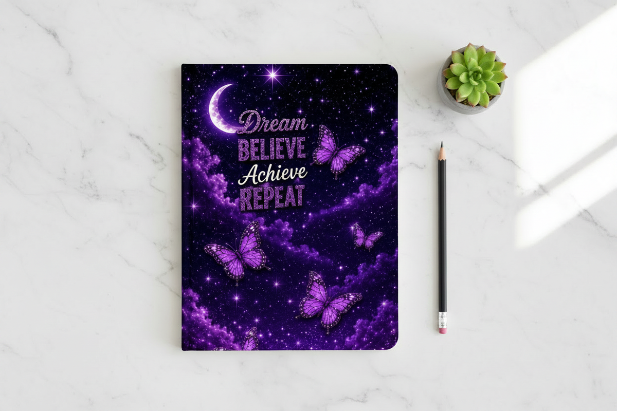 Dream Believe Achieve Repeat composition notebook cover flat lay with purple pencil and plant