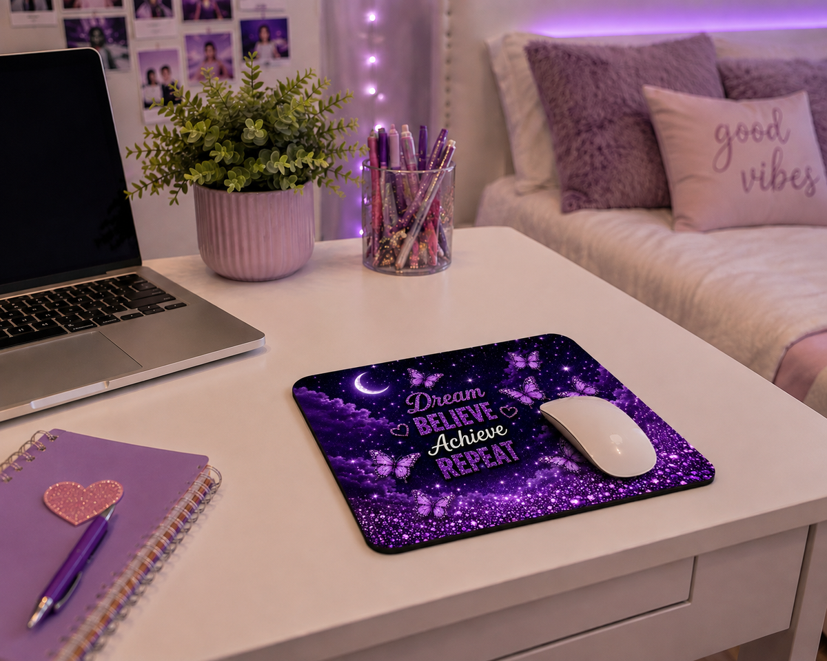 Dream Believe Achieve Repeat tumbler wrap on 20oz slim tumbler mockup