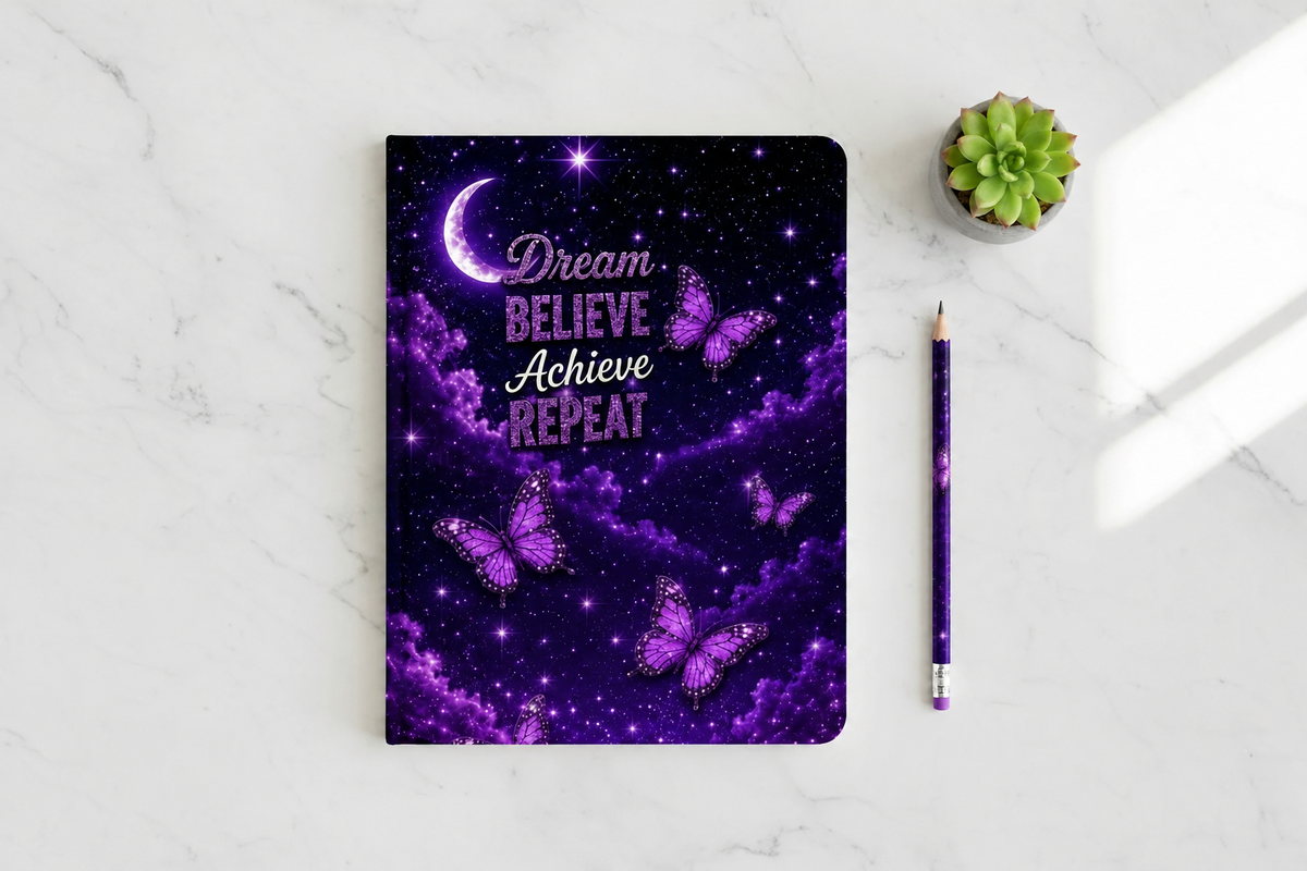 Dream Believe Achieve Repeat – Notebook Cover | Front, Back & Spine (Digital)