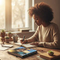 African American woman writing in a Don't Dim Your Light journal at a cozy desk