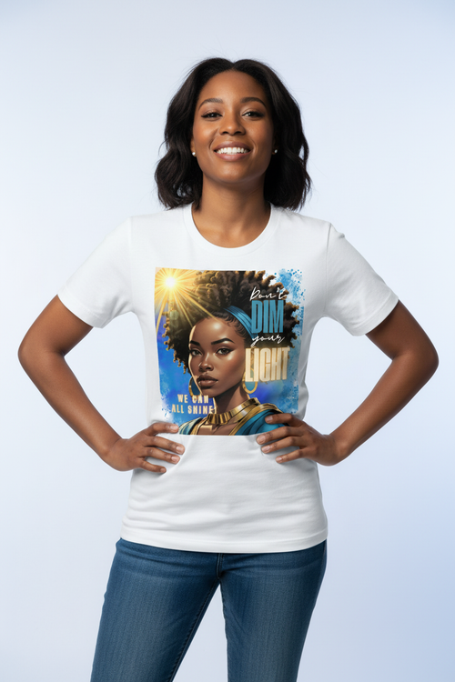 African American woman wearing Don't Dim Your Light t-shirt design