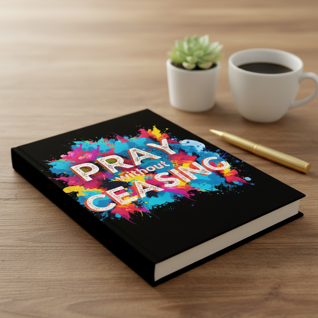 Pray Without Ceasing closed journal cover on desk with pen and succulent