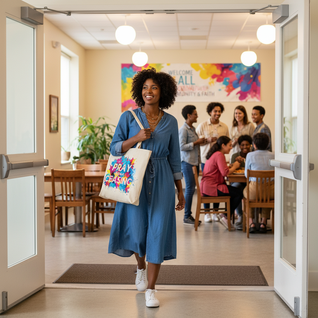Woman carrying Pray Without Ceasing tote bag into a community center