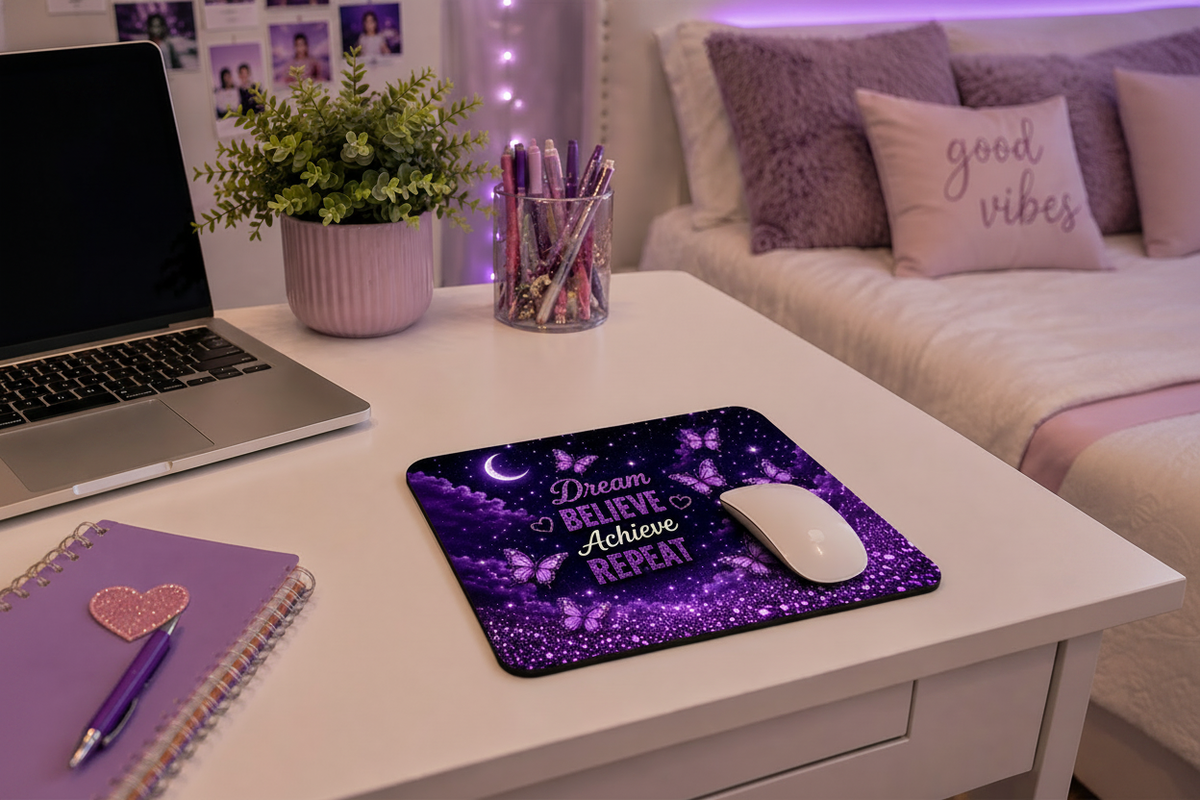 Dream Believe Achieve Repeat mouse pad mockup