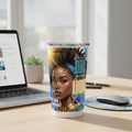 Don't Dim Your Light sublimation tumbler mockup on a desk with laptop, mouse, and mousepad