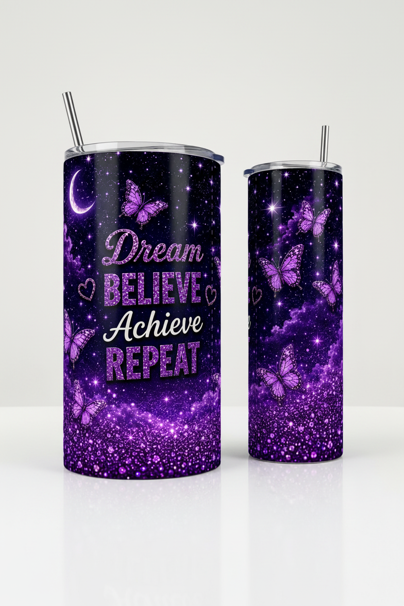 Dream Believe Achieve Repeat tumbler product mockup
