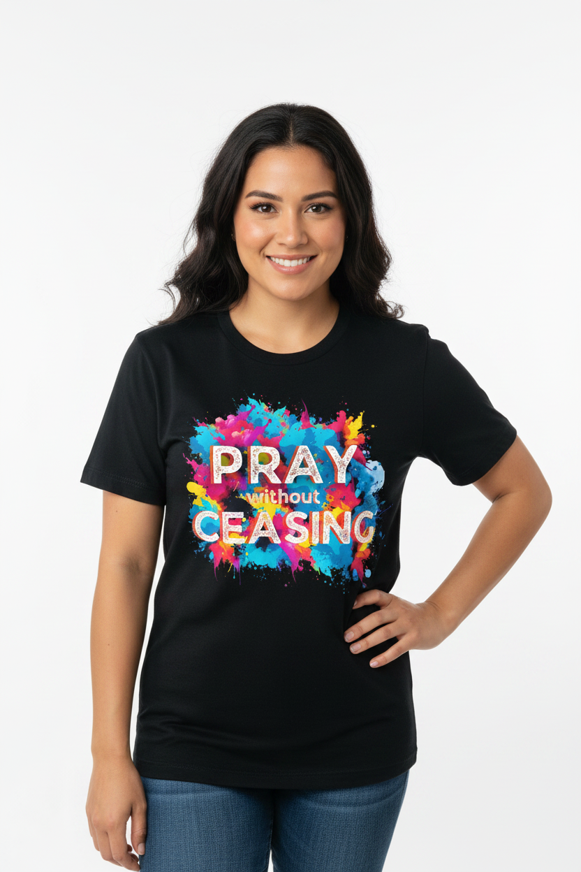 Pray Without Ceasing Black T-Shirt - Hispanic Woman