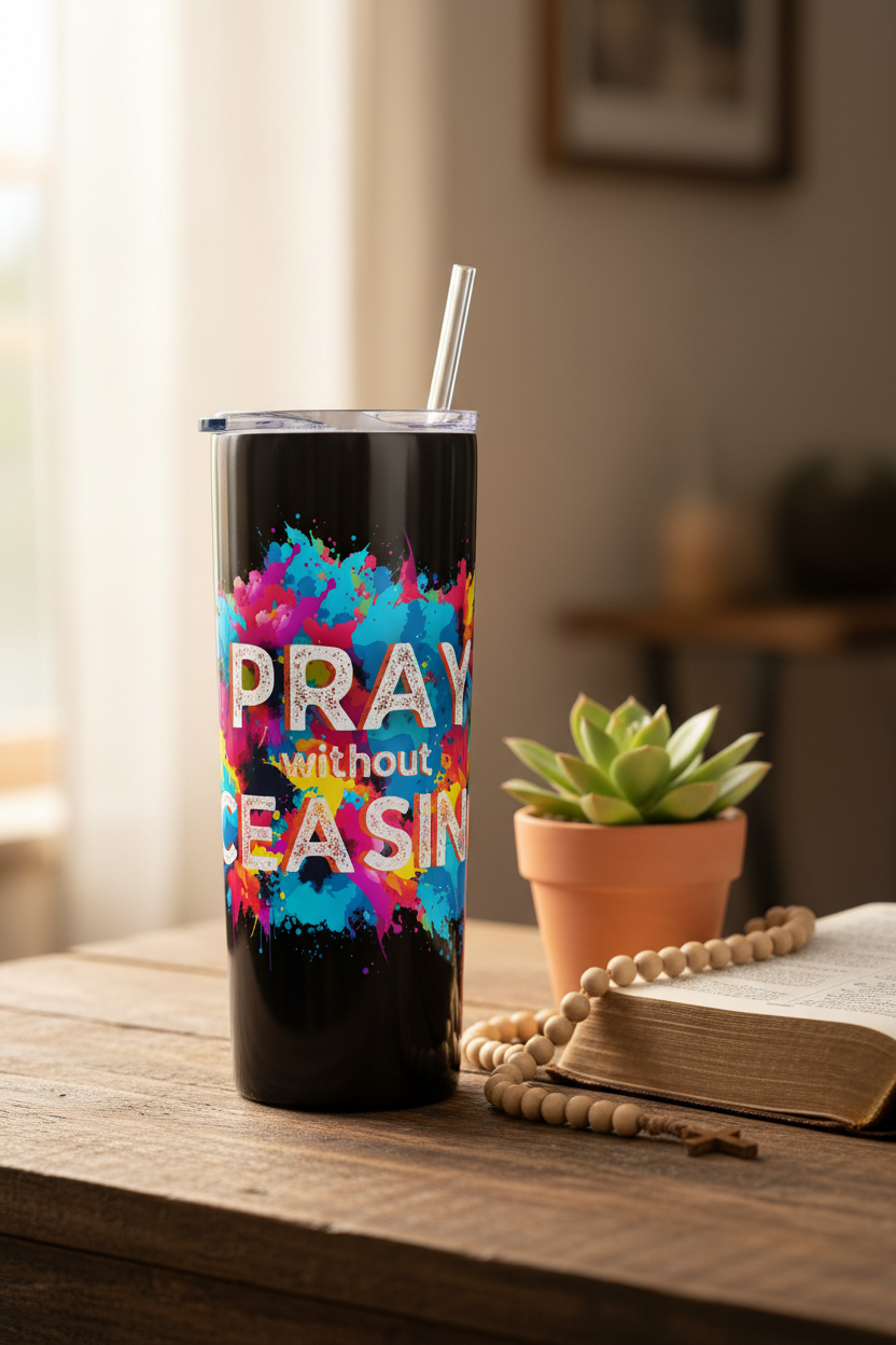 Pray Without Ceasing Skinny Tumbler with Bible and Succulent